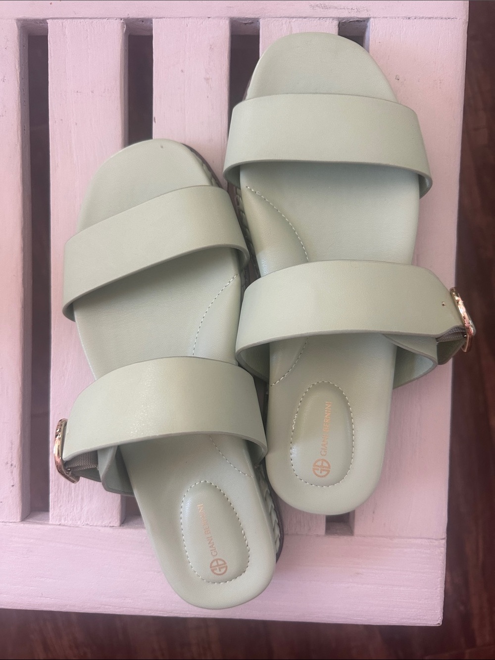 Giani Bernini Mint Green Double-Strap Slide Sandals with Gold Buckle